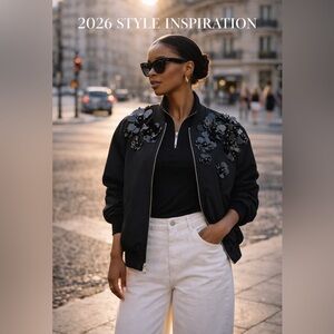 Embellished bomber jacket 3D floral sequin